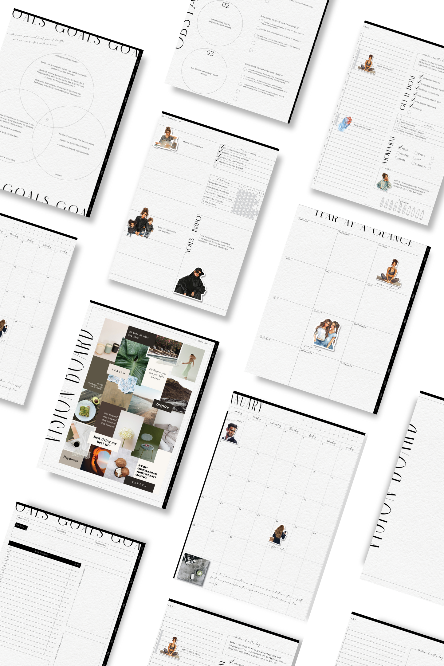 A collage of various pages from an undated digital planner, displaying goal setting, monthly and weekly layouts, and vision boards, with a monochrome, minimalist aesthetic.