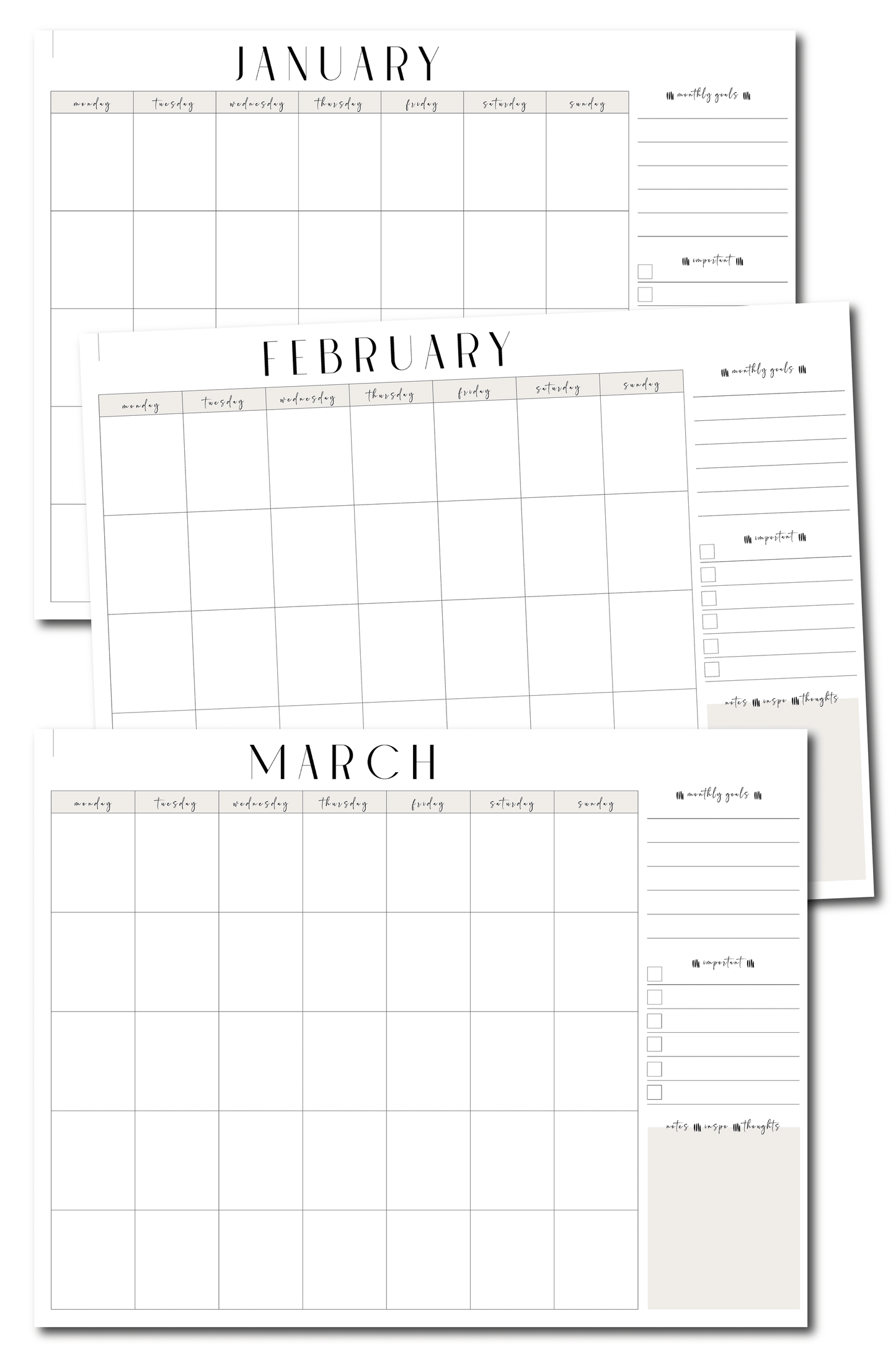 Undated Digital Monthly Calendars | Beige