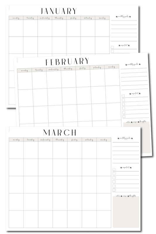 Undated Digital Monthly Calendars | Beige