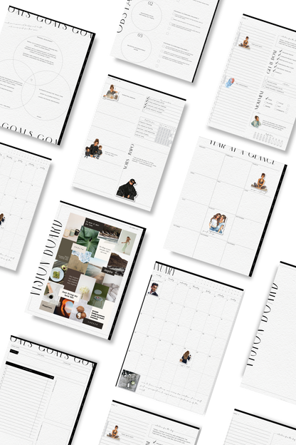 A collage of various pages from an undated digital planner, displaying goal setting, monthly and weekly layouts, and vision boards, with a monochrome, minimalist aesthetic.