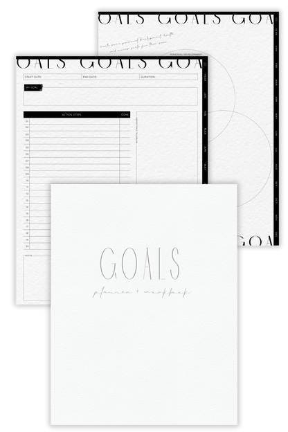 A black-and-white image showcasing pages from a goal-setting section of a planner with the word "GOALS" prominently displayed, hinting at a structured and minimalist undated digital planner design for personal development.