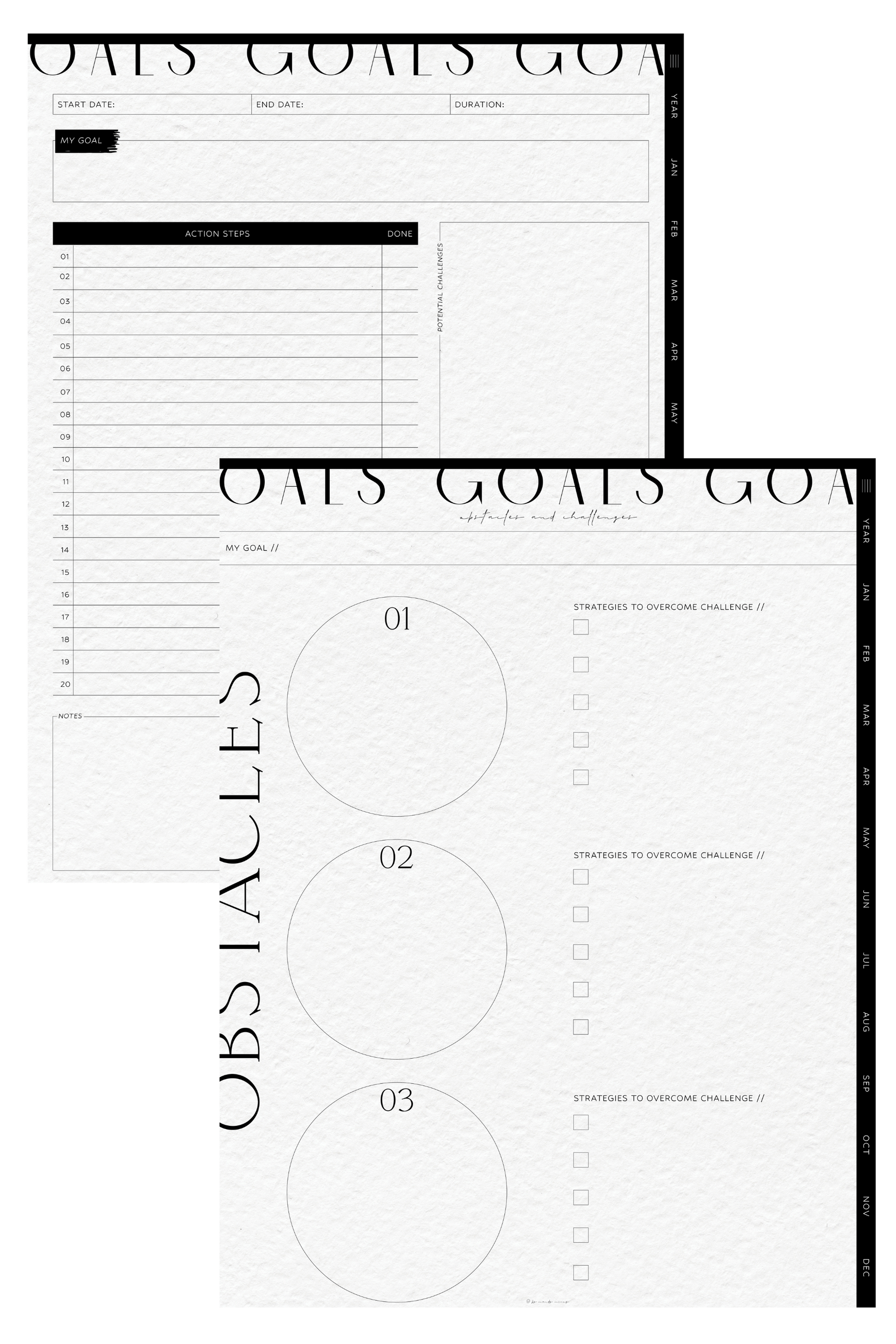 An image featuring a goals and challenges layout from a minimalist planner, including sections for start and end dates, action steps, and circles for mapping out obstacles and corresponding strategies.