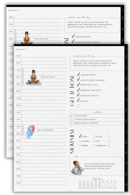 A daily page from a modern digital planner showing scheduled yoga, tasks like organizing the pantry, and a section for daily intentions, with illustrations and a crisp, clean layout.